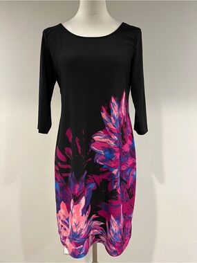Dana Buchman 3/4 sleeves Black Floral-Print Sheath Dress size small